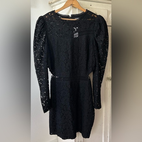 NWT Express | Women’s Black Lace Long Puffer Sleeves Cut Out Sides Dress Size XL - Picture 5 of 16